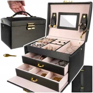 Pudełka i szkatułki - Kuferek Na Biżuterię Szkatułka Organizer Czarny Satynowy Lusterko Prezent - miniaturka - grafika 1