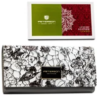Portfele - PETERSON Szaro - biało - czarny duży skórzany portfel damski lakierowany elegancki rozbudowany kieszeń na bilon zamykana suwakiem pudełko prezentowe.. - miniaturka - grafika 1