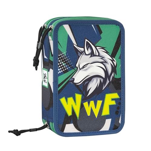Franco Cosimo Panini WWF oficjalny piórnik WWF, 3 przegródki dla chłopców i dziewczynek, z zestawem na artykuły pa, niebieski ścieralny długopis i praktyczne zamknięcie na zamek błyskawiczny,