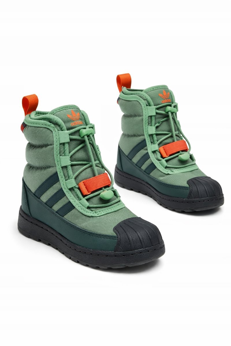 ADIDAS ZIELONE ŚNIEGOWCE Z POMARAŃCZOWYM AKCENTEM DZIECIĘCE 23,5 2I3A