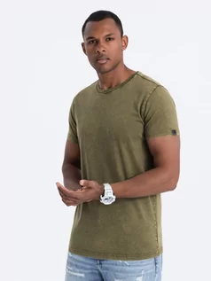 Koszulki męskie - T-shirt męski z efektem ACID WASH - oliwkowy V4 S1638 - grafika 1