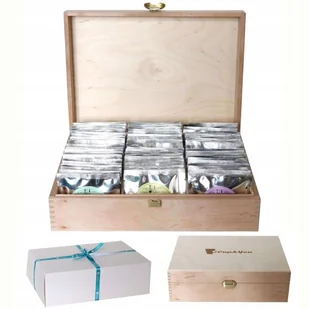 Gotowy zestaw box kosz prezentowy Herbaty smakowe PREMIUM w drewnianej skrzynce Cup&You MIX 60 szt. prezent upominek na wyjątkową okazję dla koneser.. - Zestawy upominkowe - miniaturka - grafika 1