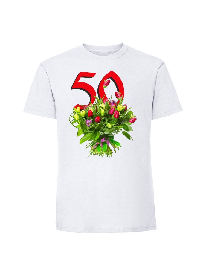 Męska koszulka z nadrukiem - 50 kwiaty + wiek biały L