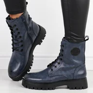 Botki damskie - Granatowe skórzane botki damskie na traperze Sergio Leone Tr710-S - miniaturka - grafika 1