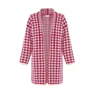 Swetry damskie - Caneva Elegancki, klasyczny, długi kardigan z dzianiny z wzorem w pepitkę, wełniano-biały, różowy, w kratkę, rozmiar M/L, Wełna biała, różowa, w kratkę, M - miniaturka - grafika 1