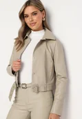 Kurtki damskie - Beżowa Kurtka Ramoneska z Ekoskóry z Paskiem w Talii Mevarela - miniaturka - grafika 1