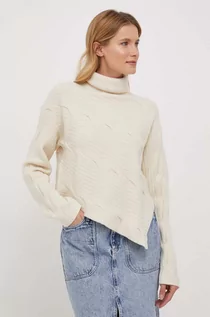 Swetry damskie - Calvin Klein sweter z domieszką wełny damski kolor beżowy z golfem - grafika 1