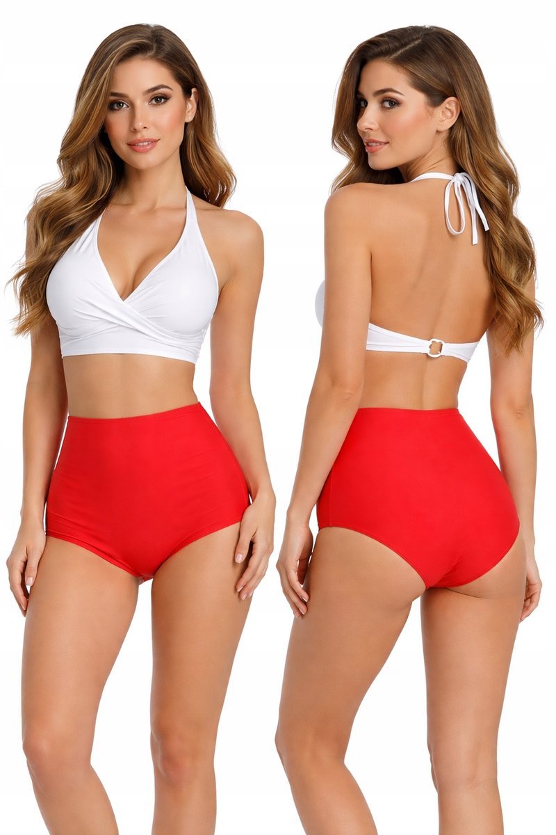 BIAŁO-CZERWONY STRÓJ KĄPIELOWY DAMSKI – WYSOKI STAN, MODELUJĄCY, HIT LATA
