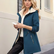 Inne - TEMU Kurtka z Kapturem dla Kobiet - Dwustronna, Czarno-Czerwona, Casualowa, Średniej Długości z Sznurkiem w Pasie, Kieszeniami na Zamek, Poliestrowa, - miniaturka - grafika 1