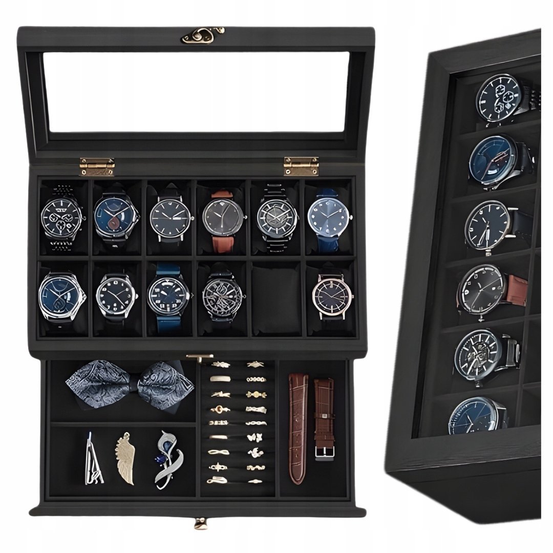 DREWNIANE PUDEŁKO NA BIŻUTERIĘ Z AKSAMITNĄ TACĄ ORGANIZER 2-POZIOMOWY ETUI