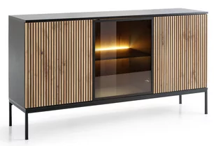 CZARNA Komoda SZEROKA 154 cm Loftowa Szkło LED FREZOWANY FRONT Dąb WOTAN - Komody - miniaturka - grafika 1