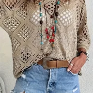 Swetry damskie - TEMU Sweter Damski z Dekoltem w Serek i Skrzydełkowymi Rękawami - Lekka, 100% Poliestrowa Bluzka Letnia z Wycięciami, Jednokolorowa do Codziennego - miniaturka - grafika 1