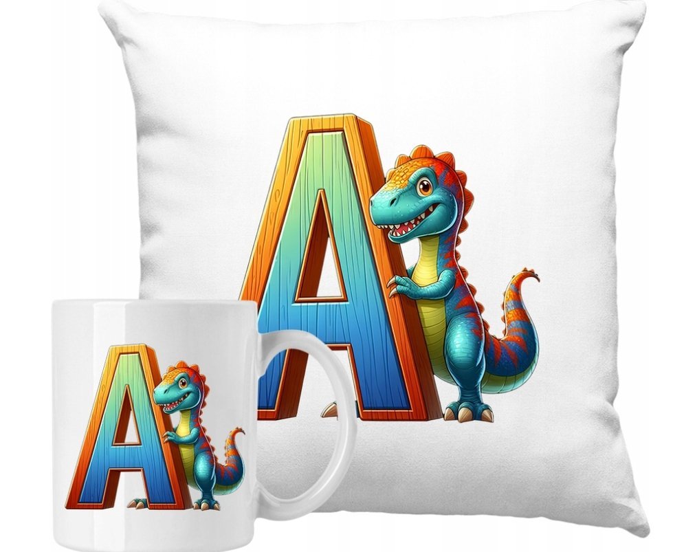 ZESTAW PODUSZKA + KUBEK Dino Dinozaur Litera A Alfabet Pomysł Na Prezent