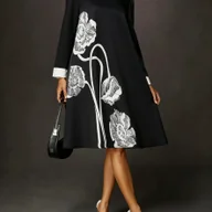 Sukienki - TEMU Elegancka czarno-biała sukienka damska w kwiaty Wysoki dekolt, idealna na imprezy i do noszenia na co dzień, można ją ozdobić naszyjnikami z - miniaturka - grafika 1