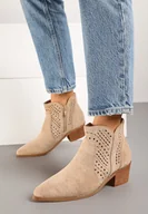 Botki damskie - Beżowe Botki Kowbojki Vices na Słupku z Ażurową Cholewką Selahra - miniaturka - grafika 1