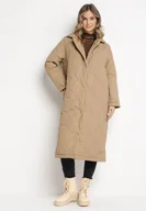 Płaszcze damskie - Ciemnobeżowy Długi Płaszcz Kurtka z Kołnierzem i Pikowaniem Semere - miniaturka - grafika 1