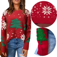 Swetry damskie - Czerwony damski ŚWIĄTECZNY SWETER na zimę CIEPŁY SWETEREK w śnieżynki - miniaturka - grafika 1