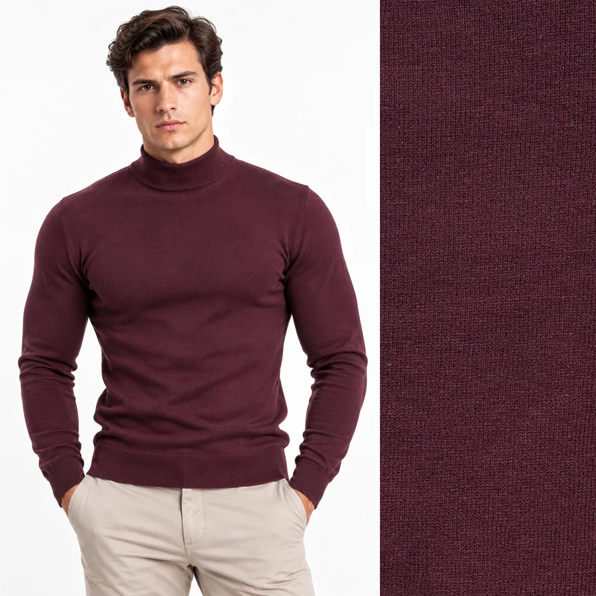 Półgolf męski Slim Fit mocno dopasowany z grubszej dzianiny bordowy Śliwka LD-69076-76 D.K RED XL