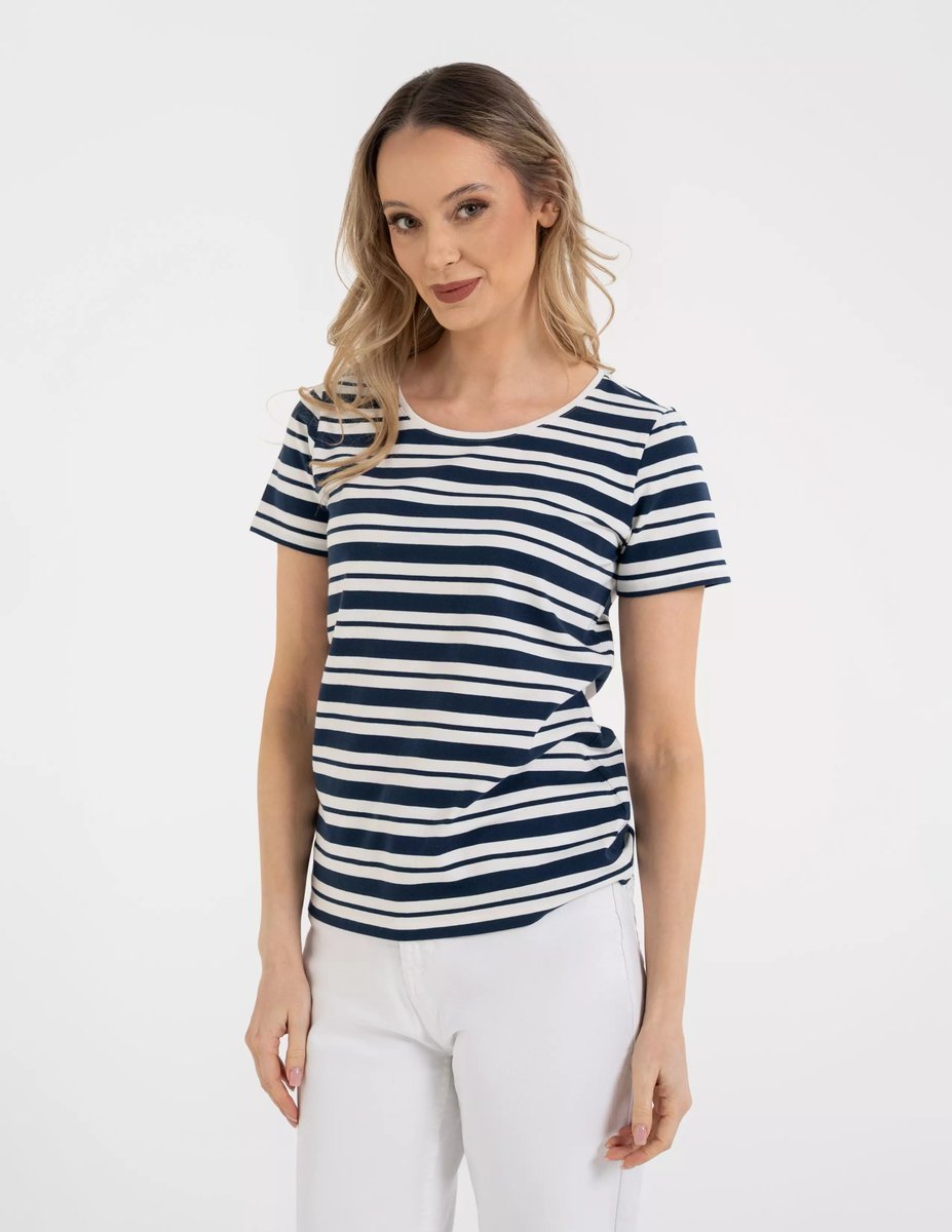 Damska Koszulka T-shirt Bawełniana w Paski Klasyczna GRANATOWA MORAJ S