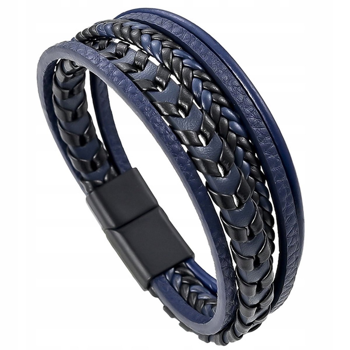 BRANSOLETKA MĘSKA SKÓRZANA GRANATOWA POTRÓJNA RZEMIEŃ STAL