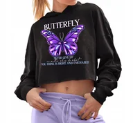 Zestawy upominkowe - CZARNA BLUZA Damska Cropped Z Kapturem NEVER GIVE UP BUTTERFLY Różne Wz - S - miniaturka - grafika 1