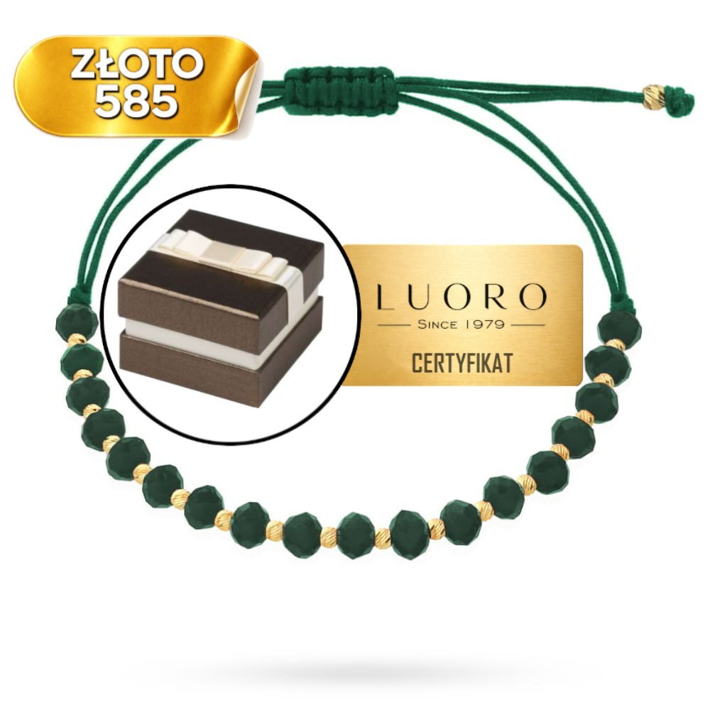 BRANSOLETKA ZŁOTA 585 14K DIAMENTOWANE KULKI SZMARAGD REGULOWANA 15 CM