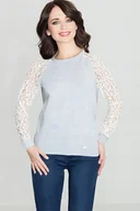 Bluzki damskie - Elegancka BLUZKA damska z motywem panterki szara biała koronka XL - miniaturka - grafika 1