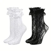 Skarpetki kolarskie - TEMU Zestaw 2 Par Damskich Skarpetek z Falbankami i Kokardkami - Oddychające Poliestrowe Skarpety na Wiosnę/ w Kolorze Białym & Czarnym, Rękoma - miniaturka - grafika 1