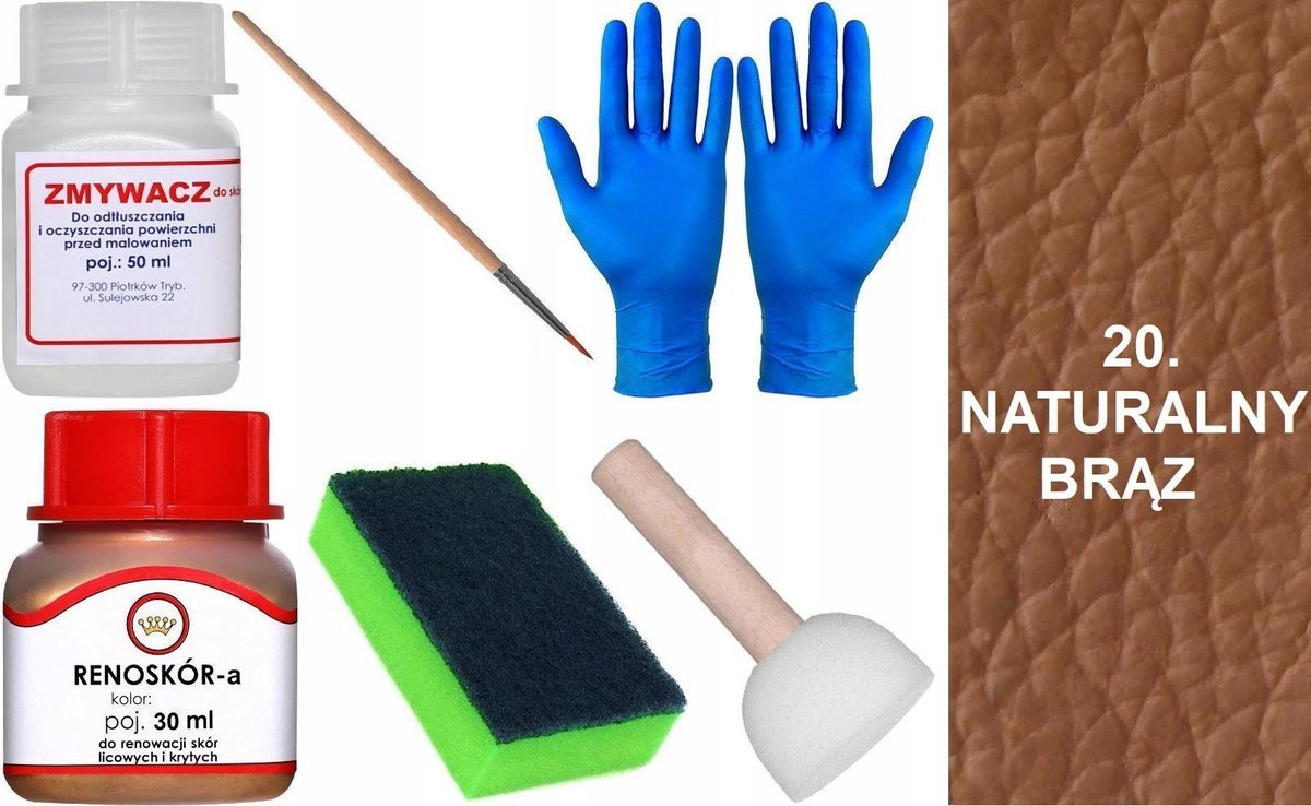 NATURALNY BRĄZ 20 Renoskór ZESTAW DO RENOWACJI SKÓRY LICOWEJ Farba Zmywacz