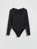 Koszulki i topy damskie - Reserved - Body z dekoltem karo - czarny - miniaturka - grafika 1