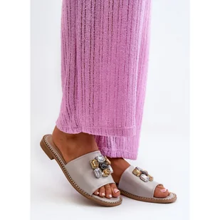 S. BARSKI Damskie klapki na płaskim obcasie z ozdobami beżowy - Klapki i japonki damskie - miniaturka - grafika 1