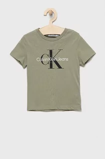 Koszulki i topy damskie - Calvin Klein Jeans Jeans t-shirt bawełniany dziecięcy kolor zielony z nadrukiem - grafika 1