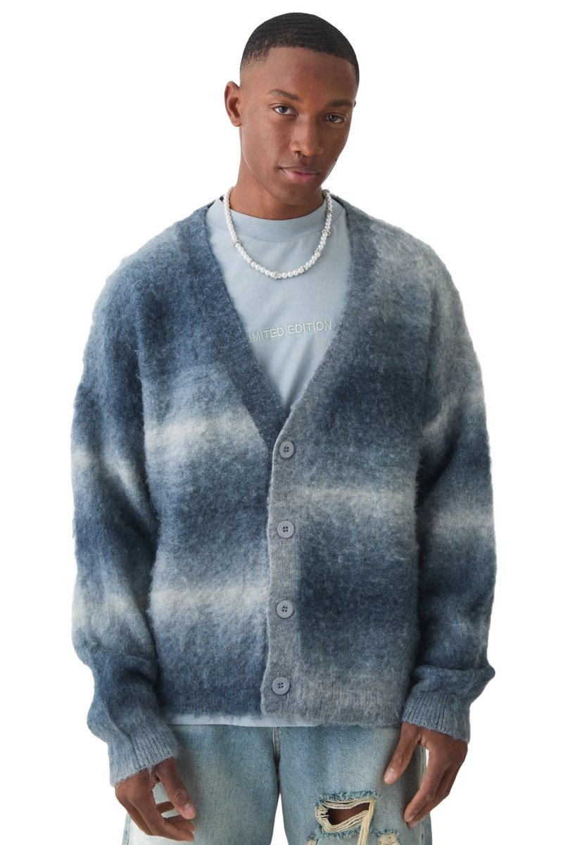BOOHOOMAN SWETER MĘSKI ROZPINANY W PASKI NIEBIESKI SZARY S Z3A*