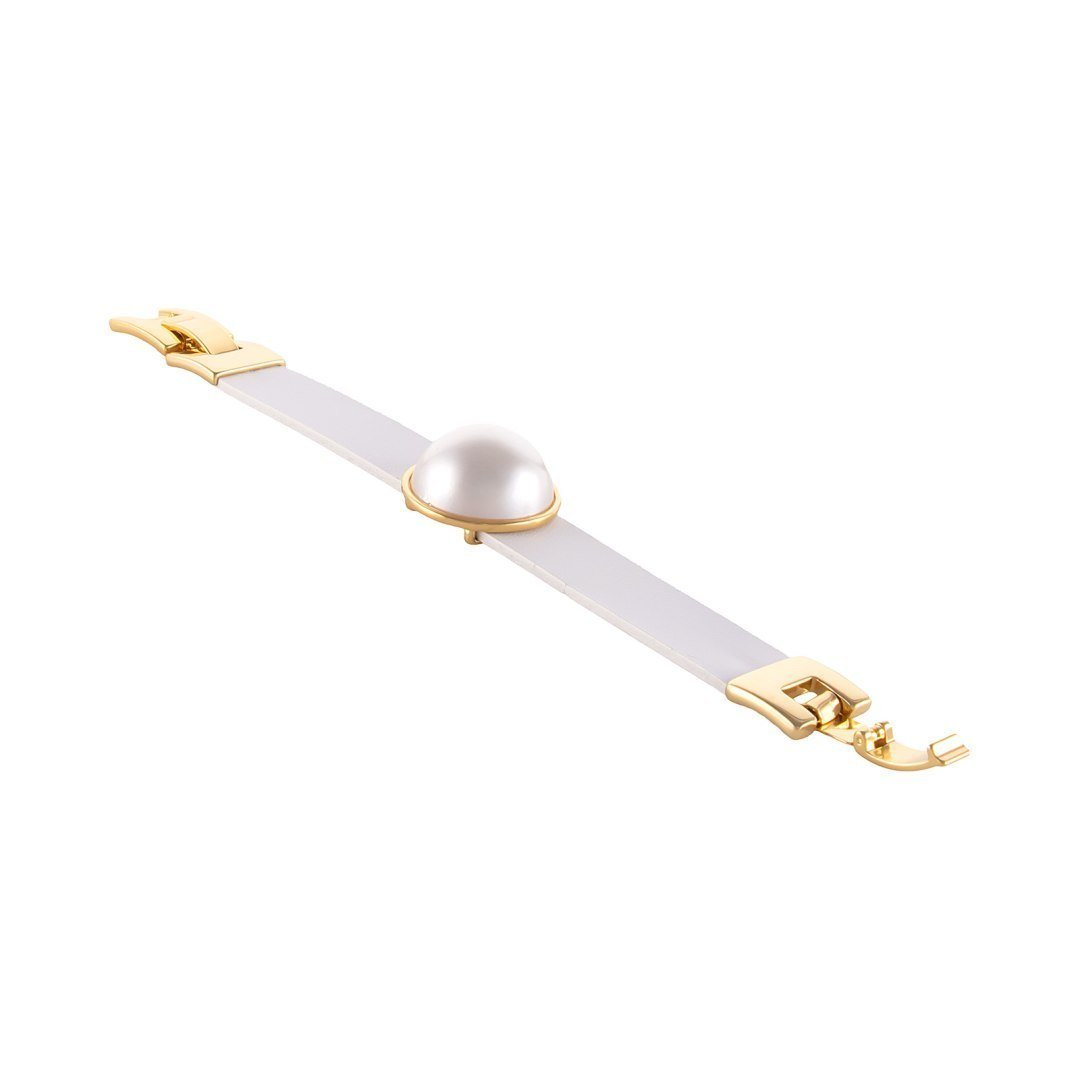 Skórzana, biała bransoletka z perłą (B25/LAT/126/2AU)