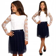 Sukienki - ELEGANCKA Sukienka TIULOWA Szkoła BIAŁY GRANAT 158 - miniaturka - grafika 1