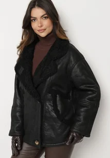 Czarna Kurtka Biker Oversize Zapinana na Guziki Ocieplana Futerkiem Nikiena - Kurtki damskie - miniaturka - grafika 1