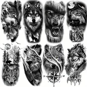 Wyposażenie studia tatuażu - TEMU Zestaw 8 Realistycznych Tymczasowych Tatuaży z Głową Wilka - Wodoodporne, Duże Naklejki na Półramię dla Mężczyzn i Kobiet - miniaturka - grafika 1