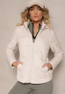 Kurtki damskie - Ciemnobeżowa Kurtka z Geometrycznym Pikowaniem i Kapturem Lilidi - miniaturka - grafika 1