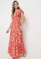 Sukienki - Czerwono-Beżowa Sukienka Maxi w Kwiaty z Falowanymi Rękawkami i Gumką w Talii Mulanitti - miniaturka - grafika 1