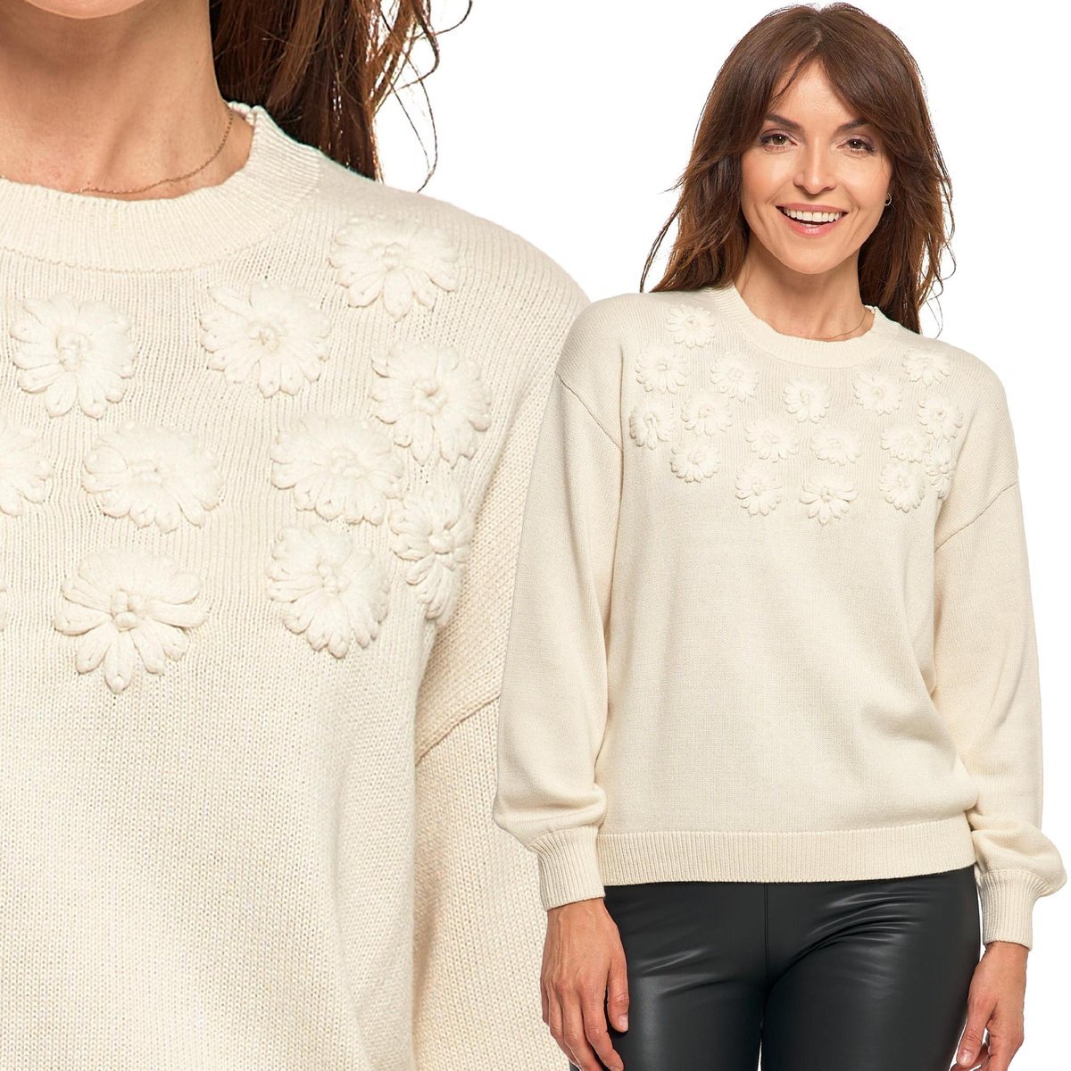 Sweter Damski Bawełniany Oversize Haft Kwiatowy Klasyczny Moraj 3Xl Ecru