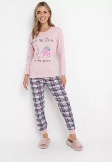Piżamy damskie - Różowy Bawełniany 2-Częściowy Komplet Piżamowy Bluzka z Nadrukiem i Spodnie na Gumce Balvisa - grafika 1