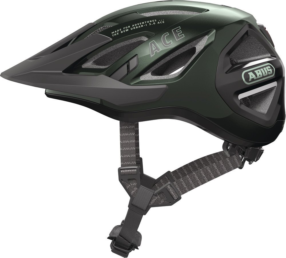 Kask miejski ABUS Urban-I 3.0 ACE - sportowy kask rowerowy z tylnym światłem LED, przedłużonym daszkiem i zapięciem magnetycznym - dla mężczyzn i kobiet - zielony, rozmiar S