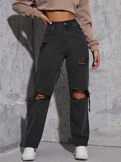 SHEIN SPODNIE JEANSOWE PROSTE CZARNE DZIURY 34 V9Z