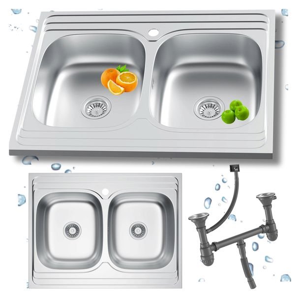Zlewozmywak Stalowy Nakładany Dwukomorowy 80x60 Inox Mikrolen Syfon Kuchnia
