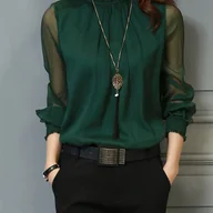 Koszule damskie - TEMU Elegancka Bluzka Damska z Falbanką i Stójką - Długi Rękaw, Jednokolorowa Koszula do Biura i na Co Dzień, Półprzezroczysta Bluzka na Każdą Porę - miniaturka - grafika 1