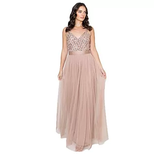 Sukienki - Maya Deluxe Damska sukienka maxi Maya bez rękawów w paski zdobiona sukienka maxi na studniówkę, taupe Blush, 24 - grafika 1