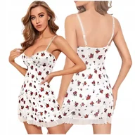 Bielizna nocna - Koszulka nocna biała w kwiaty seksowna wygodna dekolt serce ramiączka xl L - miniaturka - grafika 1