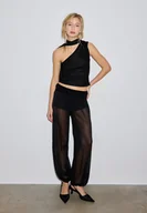 Spodnie damskie - Stradivarius Spodnie bufiasty rękaw szyfon z wywijaną talią Czarny XS - miniaturka - grafika 1