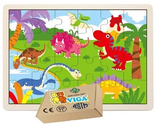 Drewniane Puzzle DINOZAURY dla najmłodszych Dzieci 2 3 4 5 lat latka 24 el VIGA - Zabawki sensoryczne - miniaturka - grafika 1