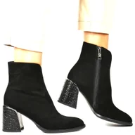 Botki damskie - DAMSKIE BOTKI SKÓRZANE NA OZDOBNYM OBCASIE VINCEZA 66801 CZARNE - miniaturka - grafika 1